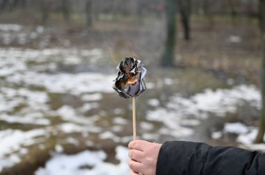 Kış parkının önünde yanan kağıt bir çiçek tutan bir kadın eli. Origami gülü yüz dolarlık banknotlardan yapılmış. Yan görüş. Seçici odak.