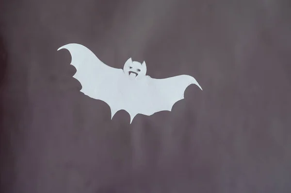 White Paper Bat Gray Wall Halloween Paraphernalia Cut Scissors Sheet — Stock Photo, Image