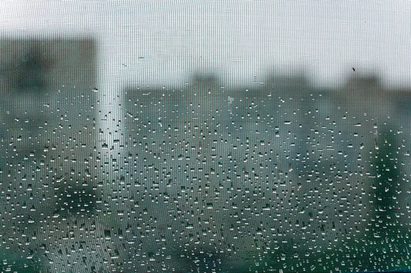 Σταγόνες Βροχής Στην Κουνουπιέρα Σιλουέτες Πολυόροφων Κτιρίων Θολή Στο Παρασκήνιο — Φωτογραφία Αρχείου