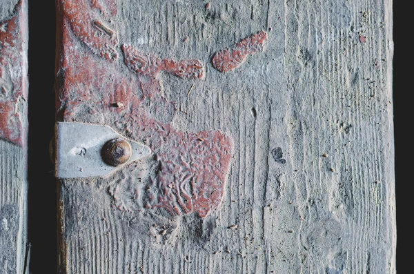 Dirty Old Floorboard Aluminum Tag Number Nailed Board Stain Brown — Stock Photo, Image