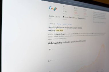 Google Şirketi 'nin piyasa sermayesi. Bilgisayar ekranında web sayfası. Google, Alfabe holding şirketi içinde yer alan çok uluslu bir Amerikan şirketidir. Mykolaiv, Ukrayna - 06 28 2022