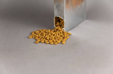 Gri arka planda gümüş dikdörtgen bir kutu. Evcil hayvan yiyeceği delikten dökülüyor. Kurutulmuş yiyecek. Evcil hayvan maması. Seçici odak.