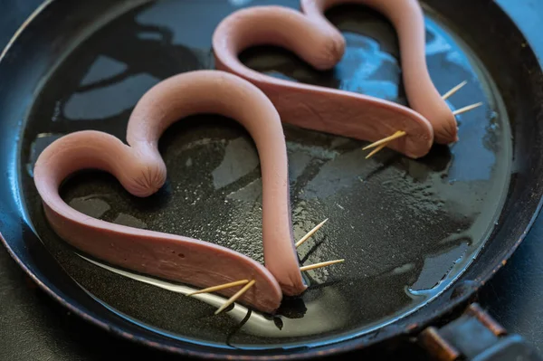 Two Heart Shaped Sausages Lie Pan Roasting Sausages Cut Lengthwise — 스톡 사진