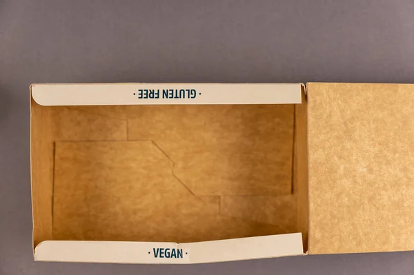 Empty Brown Paper Box Gluten Free Vegan Inscription End Cardboard — 图库照片