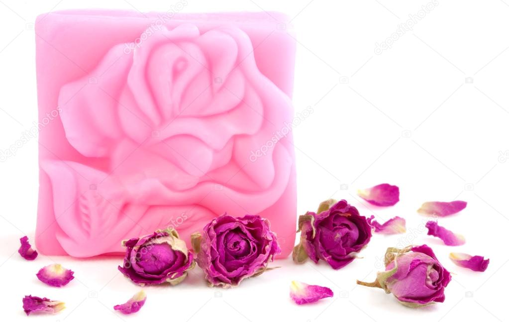 Pink bar of natural rose soap.