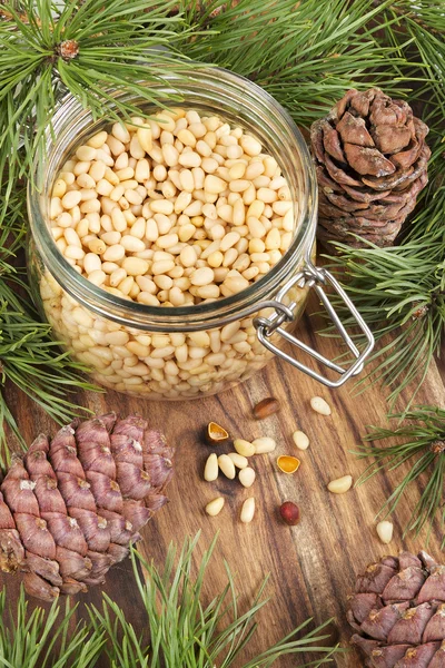Jar with pine nuts — Stock Photo, Image