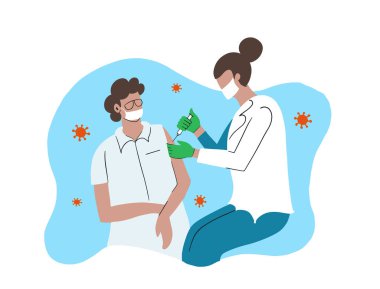 Elle çizilmiş illüstrasyon doktoru hastaya aşı enjekte ediyor.