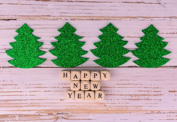Inscription Happy New Year Little Green Christmas Tree White Wooden — Stock Photo, Image