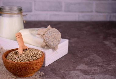 Hemp seed milk. Lactose free product. Copy space.