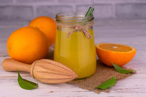 Orange Juice Jar White Wooden Table — Photo