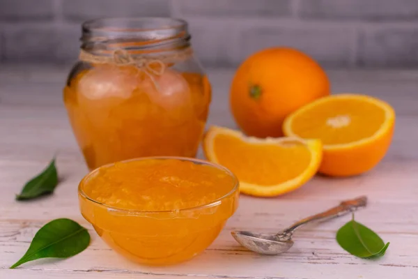 Orange Jam Glass Jar White Wooden Background — Stock Photo, Image