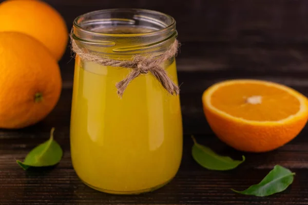 Freshly Squeezed Orange Juice Jar Dark Wooden Background — Stock Photo, Image