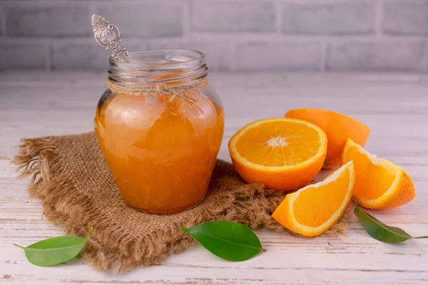 Orange Jam Transparent Glass Jar Orange Jam — Stock Photo, Image