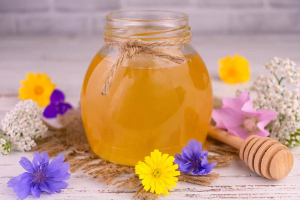 Flower Honey Jar Fresh Wildflowers — Foto de Stock