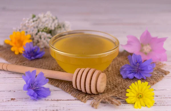 Fresh Honey Glass Bowl Flower Honey — Foto de Stock