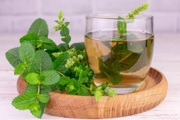 Mint tea. Medicinal mint tea in a glass and fresh mint on a wooden tray.