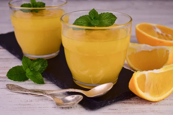 Orange Curd Crème Agrumes Anglaise Dans Des Verres Sur Une — Photo