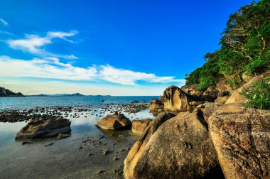 Hindistan cevizi hurma ile panoramik tropikal plaj kayalar. Koh samui,