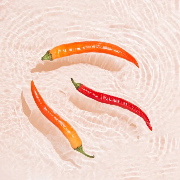 Minimal aesthetic abstract scene. Orange-red hot peppers float in the water against pale pink background. Reflections of the sun and shadows. Vegetable food and hot spices concept. Capsaicin source.