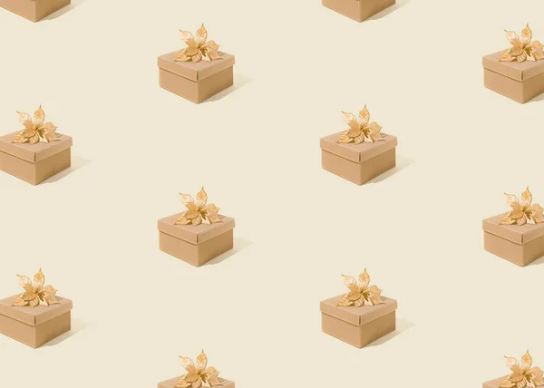 Minimális Absztrakt Ünnepi Textúra Zárt Kartondobozokból Arany Virágokkal Tetején Pasztell — Stock Fotó