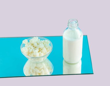 Bir şişe kefir sütü ve kefir taneli kase pembe ve mavi arka plandaki aynaya yansıyor. Minimum ev yapımı ya da doğal süt ürünleri sağlıklı yemek sahnesi. Sindirim içeceği veya probiyotik kaynağı kavramı. 