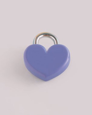 2022 yılı. Aşık olmanın sembolü, gerçek aşk ya da mor kalpten yapılmış sadakat pastel bej arka planda asma kilit ile kilitlenmiştir. Sevgililer Günü ya da düğün kartı konsepti.  