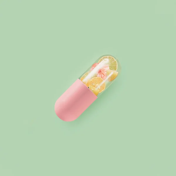 Minimalna Farmaceutyczna Abstrakcyjna Scena Wykonana Różowej Pigułki Cytryną Mandarynką Limonką — Zdjęcie stockowe