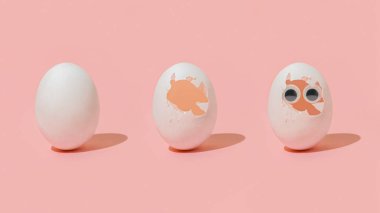 İzole edilmiş, mercan pembesi arkaplanlı gölgeli üç beyaz yumurta. İkisi kırık kabuklu, biri de gözlü. Yeni yaşam, başlangıç, köken, başlangıç ya da doğum. Minimum Paskalya kartı. Soyut kavram. 