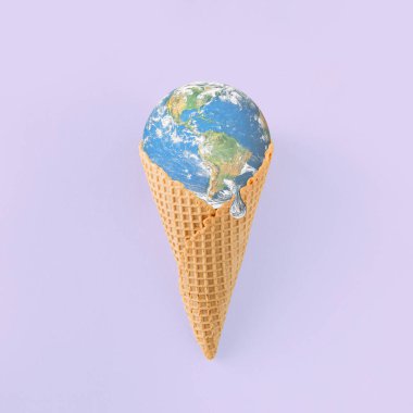 Eriyen Dünya gezegenli dondurma külahı izole edilmiş pastel mor arka planda. Minimum ısınma, erime, kirlilik kavramı. İklim değişikliğinin geleceği. Savaş karşıtı bir fikir. NASA 'nın sağladığı dünya.