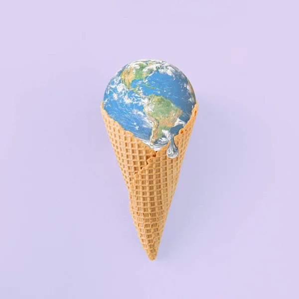 Ice cream cone with melting planet Earth on isolated pastel purple background. Minimal concept of warming, melting, pollutions. Dystopian climate change future. Anti-war idea. World provided by NASA.