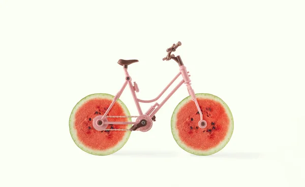 Bicycle Wheels Made Watermelon Slices Isolated Pastel White Background Minimal — Fotografia de Stock