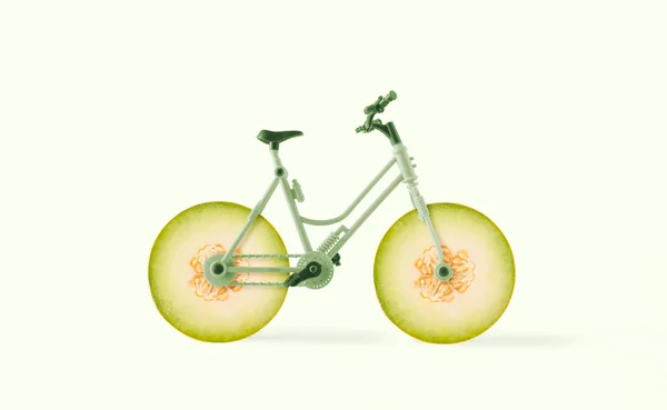 Minimal Abstract Summer Fruit Scene Bicycle Wheels Made Melon Slices — Photo