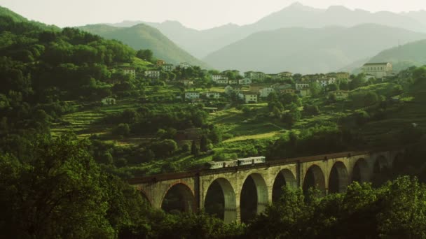 Vonat megy keresztül a vasúti híd, a gyönyörű hegyi táj — Stock videók