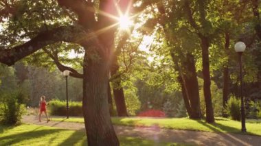 güzel bir kız günbatımı zaman parkta yürüyüş yapıyor. flok vurdu.
