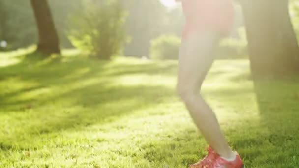 아름 다운 소녀는 공원에서 밧줄 점프입니다. 이동형 촬영. — 비디오