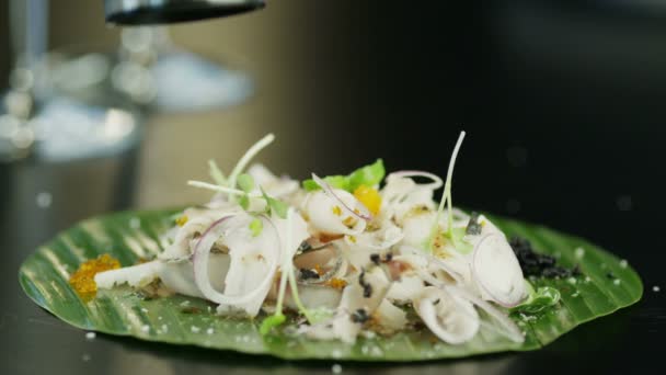 Chef saláta fűszerkeverék szelet friss halat és a hagymát — Stock videók