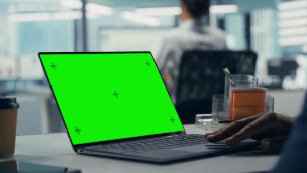オフィスで緑の画面のコンピュータに取り組むビジネスマン — ストック動画