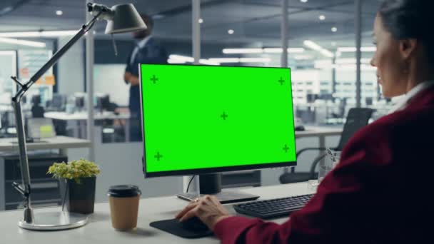 Бізнес-леді працює на зеленому екрані комп'ютера в офісі — стокове відео