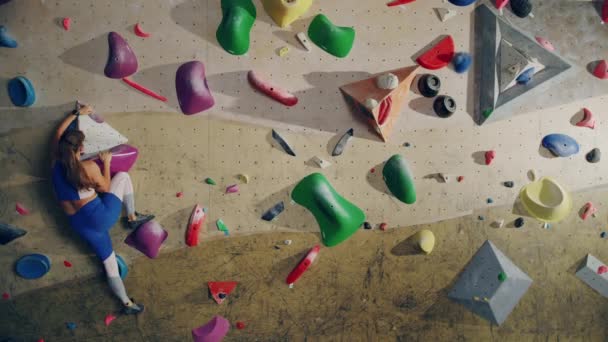 Nainen urheilija harjoitellaan sisätiloissa kiipeily Wall — kuvapankkivideo