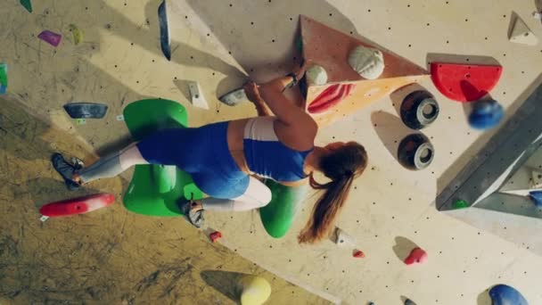 Atleta feminina praticando na parede de escalada interior — Vídeo de Stock
