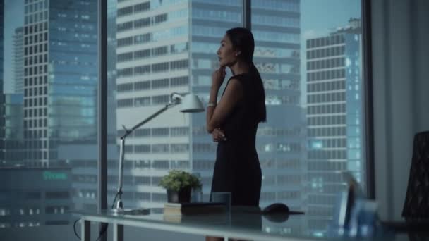 Mujer de negocios en ventana de oficina — Vídeos de Stock