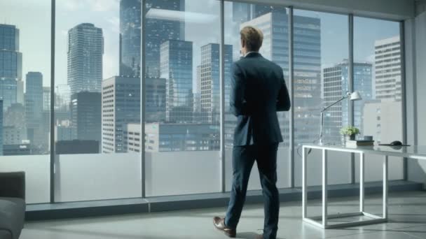 Бизнесмен в окне офиса — стоковое видео
