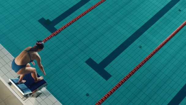 Mujer nadadora salta a la piscina de tiro alto — Vídeo de stock