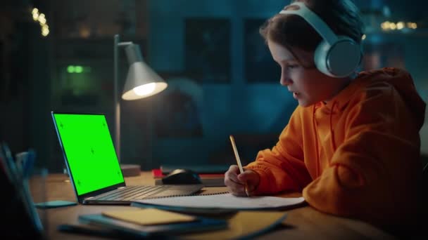 Chico joven haciendo videollamada en el ordenador portátil con pantalla verde — Vídeo de stock