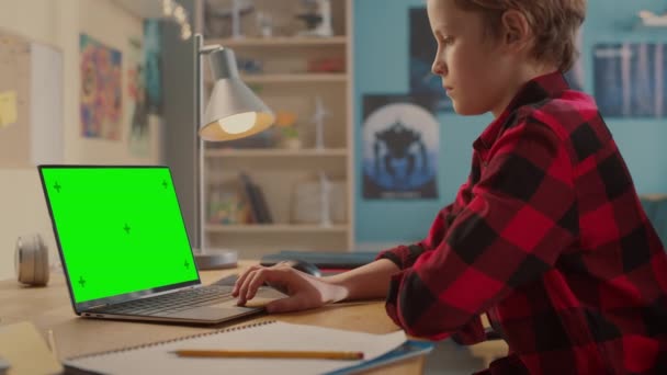 เด็กหนุ่มใช้คอมพิวเตอร์แล็ปท็อปที่มีหน้าจอสีเขียวที่บ้าน — วีดีโอสต็อก