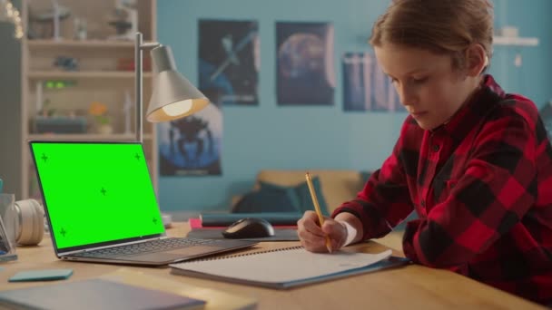Menino fazendo chamada de vídeo no computador portátil com tela verde — Vídeo de Stock