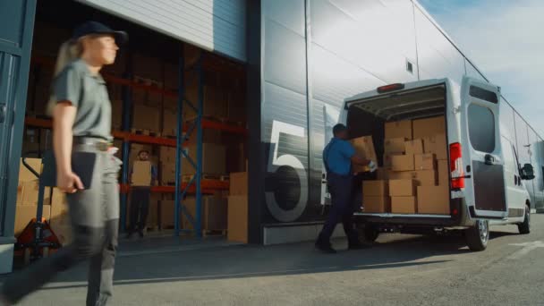 Trabajadores de almacén cargan furgoneta de entrega de Locistics — Vídeos de Stock
