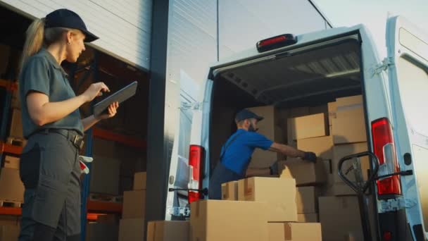 Empleados de almacén cargando vehículo Van — Vídeo de stock