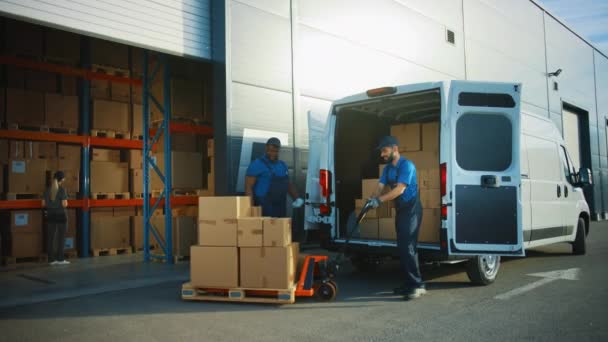 Рабочие склада погрузили фургон — стоковое видео