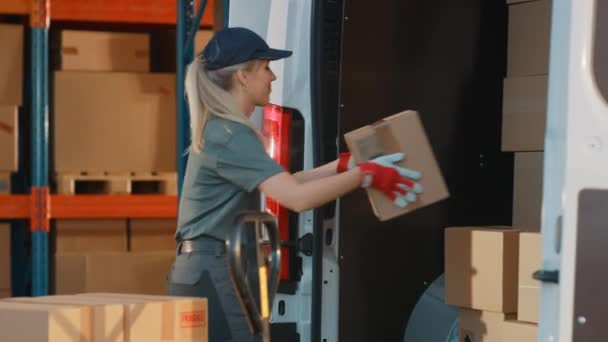 Armazém Trabalhadores carregando Van Veículo — Vídeo de Stock